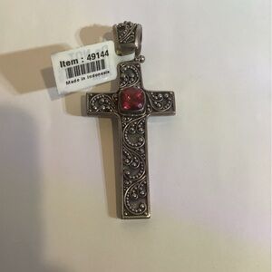 Ornate Silver Cross Pendant with Peony Topaz (no chain)